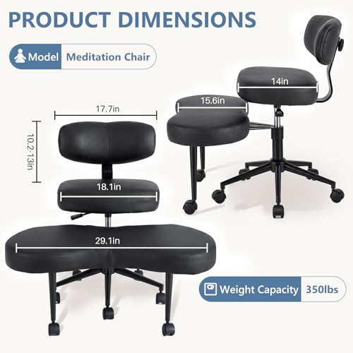 DUMOS ADHD Meditation Chair, Cross Legged Home Office Desk Chair | PU Leather Ergonomic Adjustable Height Backrest, 360° Swivel Footstool, Yoga Stool, Black - color: Black