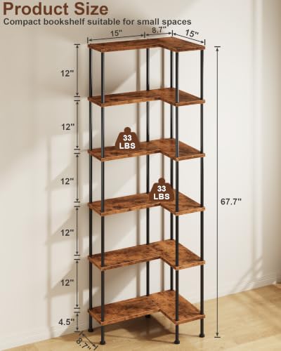6-Tier L-Shaped Corner Bookshelf, 67" Tall Modern Corner Shelf | L-Shape Corner Fits Living Room, Bedroom, or Home Office Corners, Open Shelves, Display Rack for Books, Plants, and More - color: Rustic Brown, size: 6 Tier