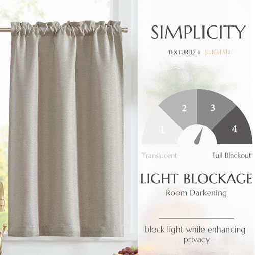 jinchan Beige Faux Linen Kitchen Tier Curtains 24 Inch Rod Pocket 2 Panels | Room darkening, cafe curtains for living room bedroom basement, small window, modern farmhouse, machine washable - color: Greyish Beige, size: 25"W x 24"L (Pack of 2)