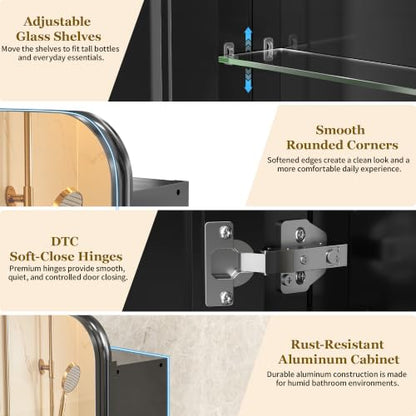 16x24 Black Medicine Cabinet with Mirror, Recessed & Surface Mount | Bathroom mirror with storage: 6 adjustable shelves fit tall bottles; DTC soft-close hinges; rust-resistant aluminum - size: 16" x 24"