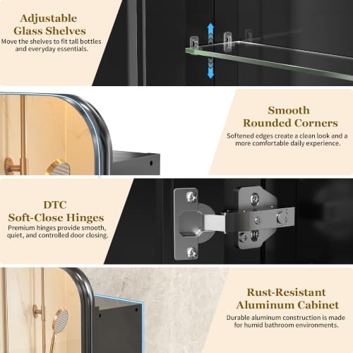 20x26 Black Medicine Cabinet with Mirror, Recessed & Surface Mount | Bathroom mirror with storage: 6 adjustable shelves fit tall bottles; DTC soft-close hinges; rust-resistant aluminum - size: 20" x 26"