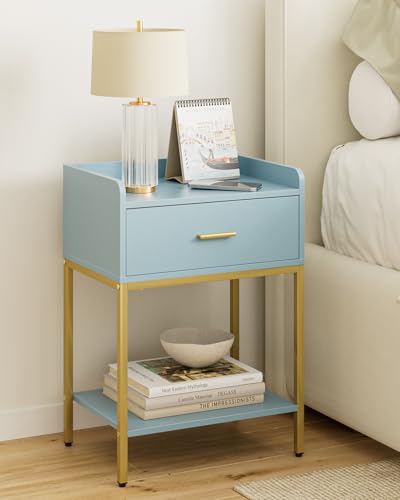 Masupu Nightstand,Bedside Table 3-Tier Modern Night Stand with Storage Drawer and Shelf,Small End Side Table for Bedroom,Living Room,Black (Without Outlet, Blue) - color: Blue