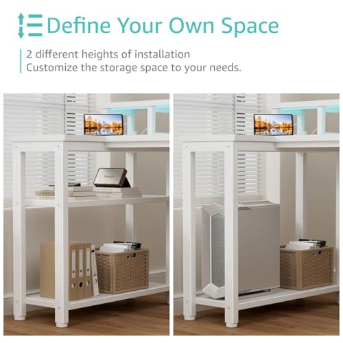Lufeiya L Shaped Desk with Led Lights and Power Outlets, 47 Inch Writing Study Computer Gaming Desks with Fabric Drawers for Bedroom, Home Office Corner Desk with Monitor Stand Shelves, White