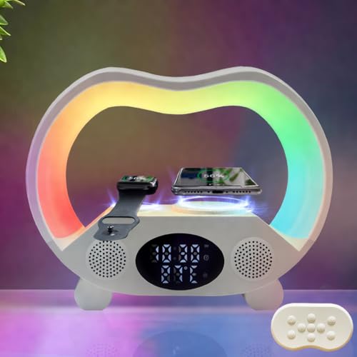 IHAO 6in1 Wireless Charging Station with Bluetooth Speaker Time&Temperature Display Alarm Clock 7-Color LED Night Lights Fast Charger for Phone, Apple Watch, Earbuds Remote Control Auto Shutoff-White - color: 6in1 Wireless Charger Alarm Clock ZS932 White