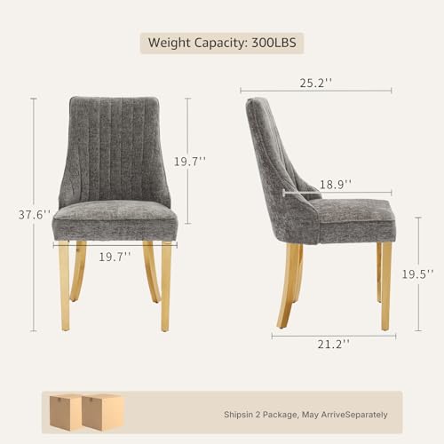 Upholstered Dining Chairs Set of 4, High Back Side Chairs for Kitchen and Dining Room, Mid-Century Modern Chenille Seating with Gold Metal Legs, Grey - color: Grey, Gold Legs, size: Set of 4