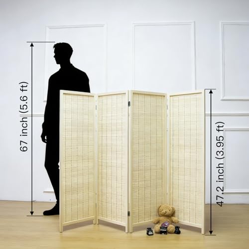 4 Panel Short Room Divider Screen,Beige Freestanding Partition,Small Bamboo Panel Divider for Room Seperation,3.95 FT Tall - color: Beige, size: 4 Panel