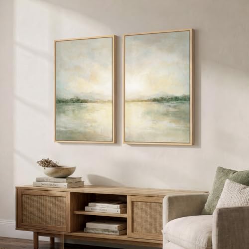 Framed Sage Green Abstract Landscape Canvas Wall Art Bedroom, 16x24 Inch | Neutral, Canvas prints, Modern, Minimalist, Nature, Lake, Scenic, Set of 2, Watercolor, Ready to hang, Hallway wall decor - color: Green Neutral, size: 16" W x 24" H x 2Pcs