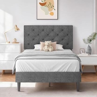 HOMBCK Twin Size Bed Frame, Gray Linen Fabric Upholstered Bed Frame with Headboard, Twin Bed Frames for Kids, Wood Slats, Button Tufted, No Box Spring Needed, Light Grey - color: Light Grey, size: Twin
