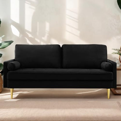 65" Love Seat Sofa, Velvet Small Sofa Small Couch for Bedroom Living Room, Bedroom, Loveseat with 2 Pillows, Gold Legs, Modern Tufted Seat Upholstered Seating for Office, Apartment (Black) - color: Black