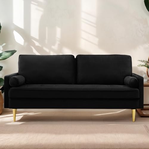 65" Love Seat Sofa, Velvet Small Sofa Small Couch for Bedroom Living Room, Bedroom, Loveseat with 2 Pillows, Gold Legs, Modern Tufted Seat Upholstered Seating for Office, Apartment (Black) - color: Black