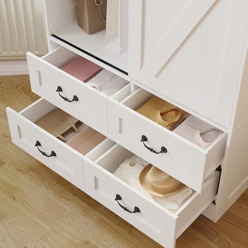 IRONCK Armoire Wardrobe Closet with 4 Drawers, Sliding Barn Doors, White | 71" Wardrobe Cabinet, Tall Clothing Storage Cabinet with Hanging Rod and Shelves for Bedroom - color: White