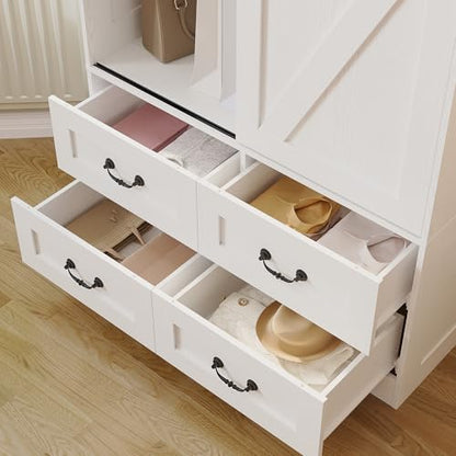 IRONCK Armoire Wardrobe Closet with 4 Drawers, Sliding Barn Doors, White | 71" Wardrobe Cabinet, Tall Clothing Storage Cabinet with Hanging Rod and Shelves for Bedroom - color: White