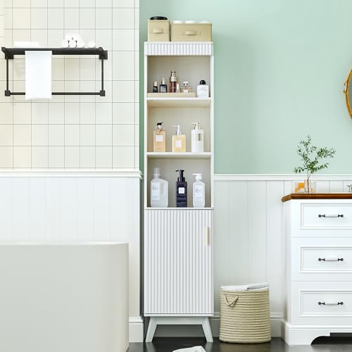 Bifins 68" Tall Bathroom Storage Cabinet,Narrow Fluted Tower Cabinet with Door and Shelves,Slim Space Saving Storage Unit for Bathroom Kitchen Living Room (White, 11.8" D x 15.75" W x 68" H) - color: White, size: 11.8"D x 15.75"W x 68"H