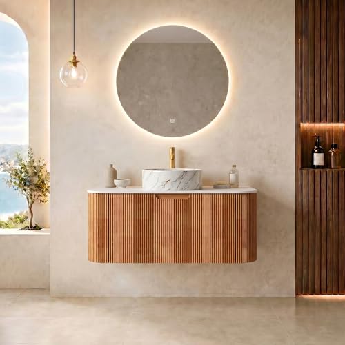 36” Floating Bathroom Vanity with Sink, Fluted Wall-Mounted Solid Wood Cabinet, Marble-Pattern Ceramic Round Basin, Faux Marble Top, Soft-Close Drawer, Pre-Assembled, Natural Woodgrain - color: 01 - Natural Woodgrain, size: 36"