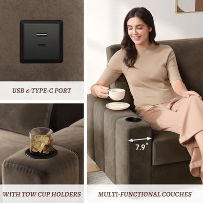 COPIAE Loveseat Sofa, Larger Couch Velvet Fabric with Storage, Charging Ports, Heightened Backrests, Removable Cover Modern Comfy Couches Easy Assembly for Living Room,88 Inch Dark Brown - color: Dark Brown