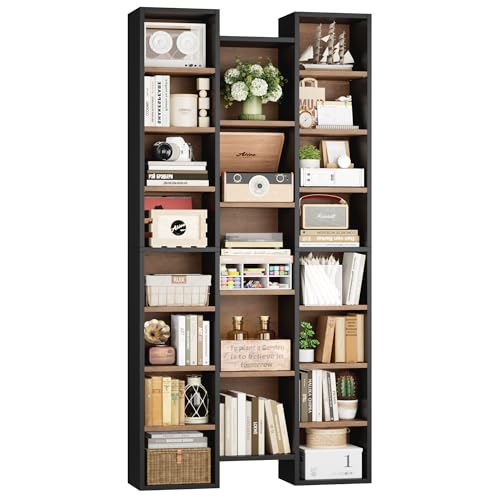 FOTOSOK 71'' H Bookshelf with 21 Cubes, Triple Wide Tall Bookshelf | 8 Tier Bookcase with 8 Adjustable Shelves, Large Bookshelf DVD/CD Media Tower Storage, Freestanding Display Shelf Cabinet - color: Black/Brown