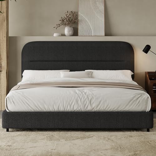 HOMBCK Bed Frame Queen Size, Boucle Upholstered Platform Queen Bed Frame with Headboard, Soft Headboard with Rounded Corners Design, Wood Slats, No Box Spring Required, Easy Assembly, Black - color: Black, size: Queen