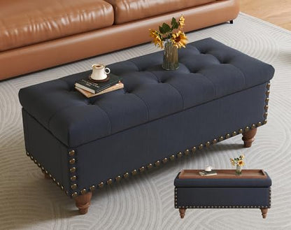 42'' End of Bed Storage Bench with Dual-Surface Lid, Upholstered Ottoman with Hidden Storage, Chenille Bench Seating with Wood Panel Seat for Entryway,Living Room,Bedroom-Blue - color: 4-blue