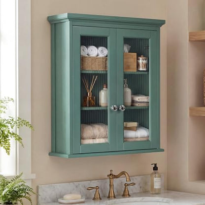 Over The Toilet Storage Cabinet, Bathroom Cabinet Wall Mounted with Built-in Level, Medicine Cabinet with Fluted Glass Doors, Wall Cabinet for Bathroom, Kitchen, Laundry Room, Halcyon Green - color: Halcyon Green