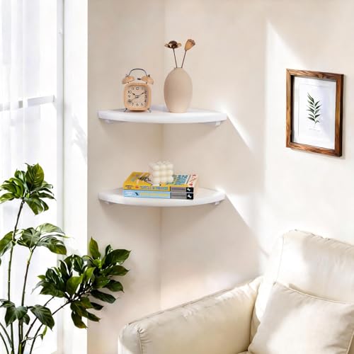 Gieanoo White Corner Wall Shelf 10inch Solid Oak Wood Floating Corner Shelf with Wire Hole Corner Wall Storage Display Shelves for Living Room Bedroom Bathroom Kitchen - color: White, size: 10in 1-Pack