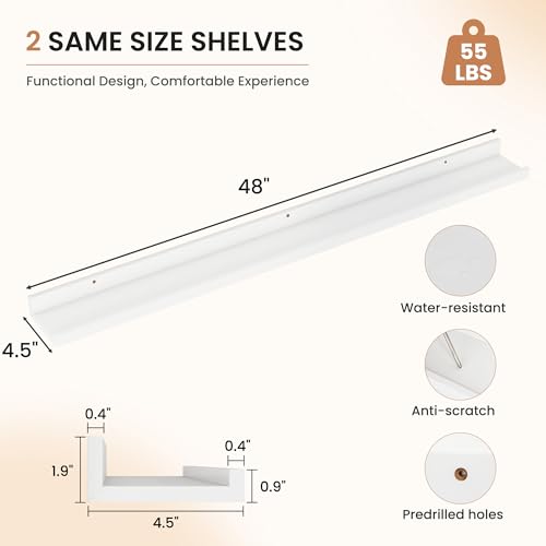 Dreamland Picture Ledge Shelf for Wall, Floating Shelves Set of 2, 48 Inch Long Floating Shelves with Lip for Living Room, Bedroom, Bathroom, Kitchen, White - color: White, size: 48inch