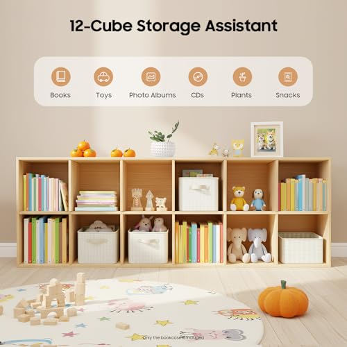 12-Compartment Solid Wood Bookcase, 2 Tier Wooden Cube Shelf Bookcase Floor Standing Bookshelf, Storage Cubes Organizer Storage Cabinet for Living Rooms, Bedrooms, Study Rooms - size: 12-Compartment