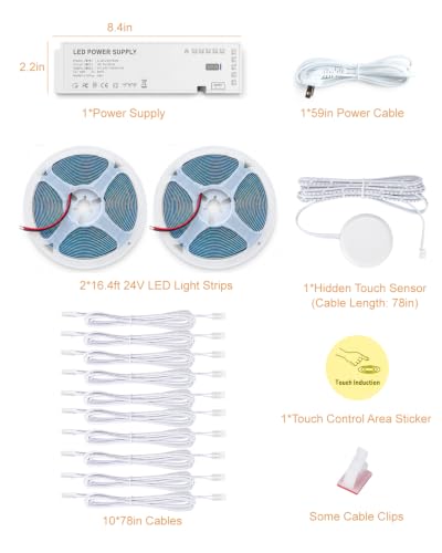 JUSJUBR Shelf Lighting, 32.8ft 24V Dimmable Cuttable COB LED Strip Lights, Warm White 3000K, LED Lights for Shelves, Cabinets, Bookshelves, Display Cases, Closets, Wall Panels and Kitchens - color: Warm White 3000K, size: 2*16.4ft 24V COB Light