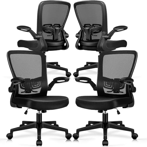 Desk Chairs with Wheels, Ergonomic Mesh Office Chair Adjustable Height and Swivel Lumbar Support Home Office Chair with Flip Up Armrests, Set of 4 - color: Black, size: 4PK