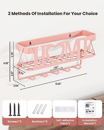 Key Holder for Wall - Adhesive Key Rack with 5 Key Hooks, 11.02" L×2.75" W×4.92" H, Key and Mail Organizer Wall Mount, Key Hanger for Wall, Entryway, House, Living Room Decor(Pink) - color: Pink