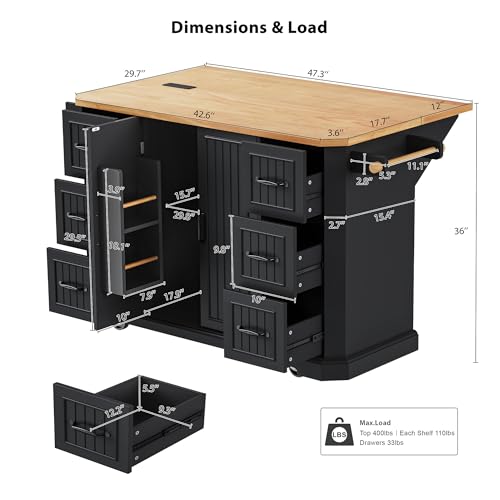 Rustic Rolling Kitchen Island with Drop Leaf, Built-in Charging Station & 6 Deep Drawers, 47" Farmhouse Mobile Cart for Dormitories, Offices, Bedrooms (Black/R1) - color: Black/R1