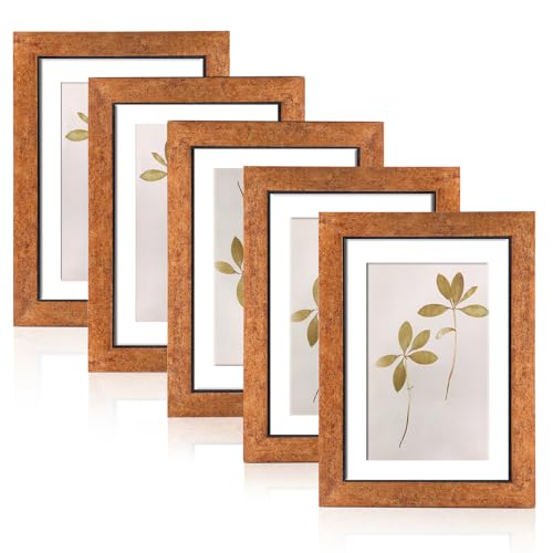 Fixwal 4x6 Picture Frame Set of 5 with Tempered Glass, Brown | Premium PS Product, Farmhouse-Style, Durability And Longevity, Wall or Tabletop Decor - color: B-Antique Brass Finish, size: 4x6