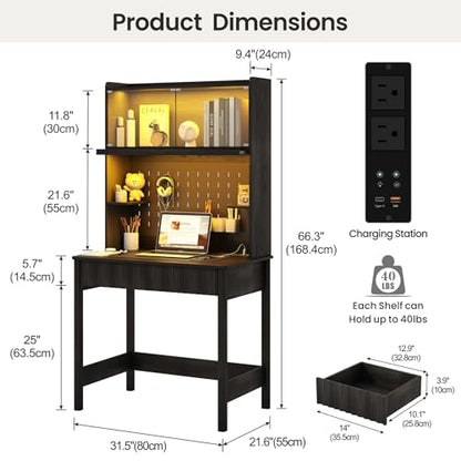 Lvifur 31.5" LED Study Desk with Hutch,Outlets,Reading Lights | Computer Desk with Charging Station,2 Drawer,Compact Writing Desks,Home Office Desks for Bedroom,Black - color: Black