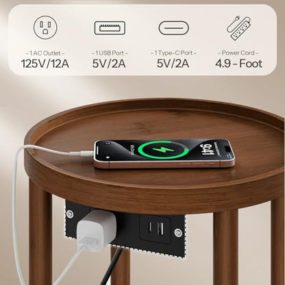 HOOBRO Small Round Side Table with Charging Station, 2-Tier Round Bamboo End Table, Compact Sofa Bedside Table for Small Space, Easy Assembly, for Living Room, Bedroom, Apartment, Mocha MA156UBZ01 - color: Mocha