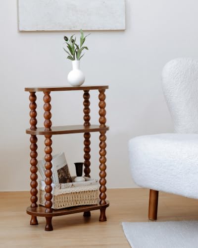 3-Tier Narrow Side Table, Slim End Table for Small Spaces | Skinny wooden side table with shelf storage. Ideal as living room accent or bedroom nightstand.Easy assembly, space-saving - color: Walnut