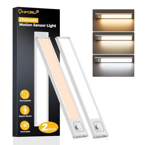 Onforu 13.8" Under Cabinet Lighting, 2700mAh USB-C Rechargeable, Motion Sensor Under Cabinet Lights with 3 Color & Dimmable, Magnetic Under Counter Lights for Kitchen, Closet, 2 Pack - size: 13.8 inch