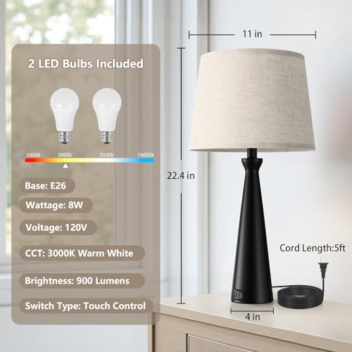 Modern Touch Lamps for Nightstand, 3 Way Dimmable Bedroom Lamp Set of 2 | USB C+A Charging Ports, Black Bedside Lamps for Bedroom, Living Room, End Table, Bed Side, LED Bulb Included - color: E. Black Base-Beige Shade
