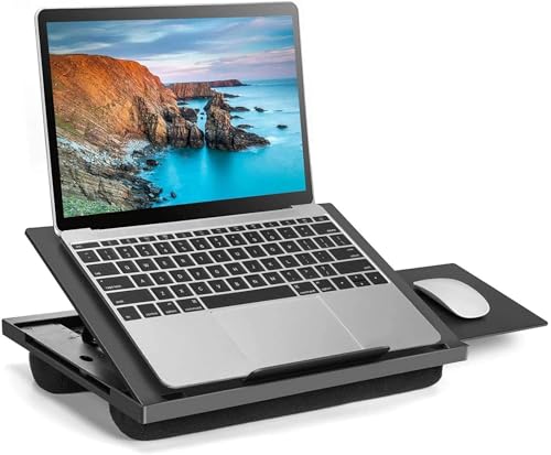HUANUO Adjustable Lap Desk with 6 Angles – Up to 15.6" Laptop, Black | Detachable mouse tray for left/right use, dual-cushion base, anti-slip design, carry handle, for home office, sofa, bed, car