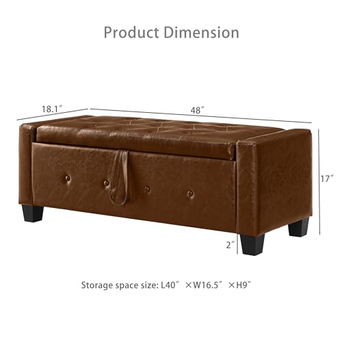 Storage Bench, 48‘’ Upholstered PU Leather Ottoman Bench with Button-Tufted, Folding Bedroom Bench with Wood Legs, Entryway Bench for Bedroom, Brown - color: Brown