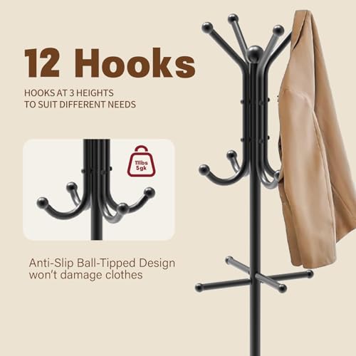Coat Rack with Umbrella Holder, Coat Rack Freestanding, Metal Coat Tree with 12 Hooks, Modern Coat Hanger Stand for Entryway Living Room Bedroom Office
