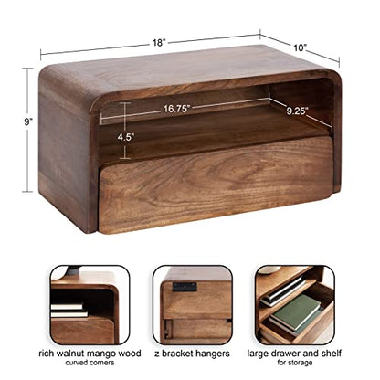 Kate and Laurel Kato Modern Wood Floating Side Table with Drawer, 18 x 10 x 9, Walnut Brown, Contemporary Wooden Floating Nightstand for Bedroom Bedside Table - color: Walnut Brown