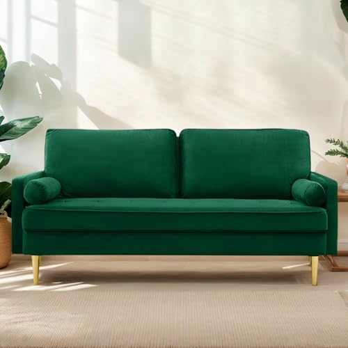 65" Love Seat Sofa, Velvet Small Sofa Small Couch for Bedroom Living Room, Bedroom, Loveseat with 2 Pillows, Gold Legs, Modern Tufted Seat Upholstered Seating for Office, Apartment (Green) - color: Green