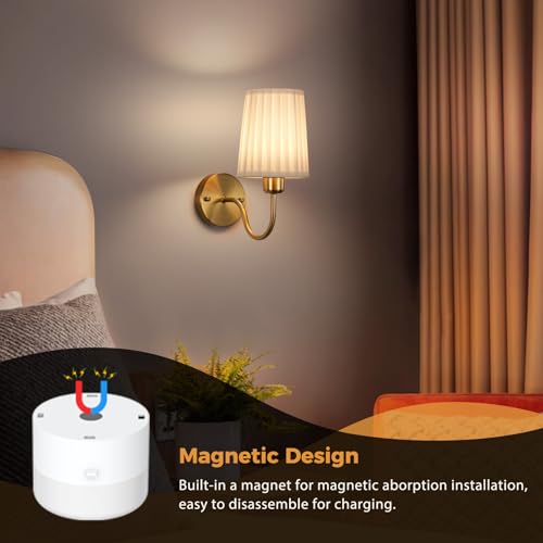 Battery Operated Wall Sconce Set of Two, Wireless Wall Sconces with 10000mAh Dimming Magnetic Bulb, Rechargeable Wall Sconce with Pleated Fabric for Bedroom Living Room Gallery Hallway, Gold - color: Gold-White