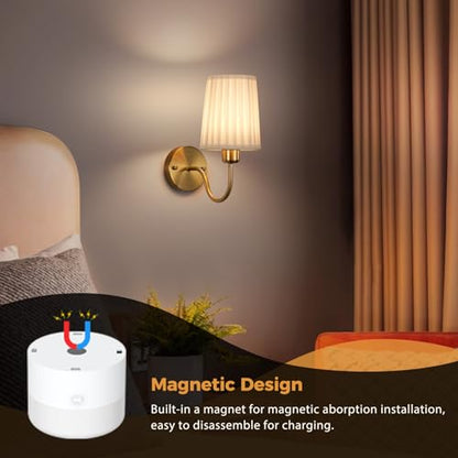 Battery Operated Wall Sconce Set of Two, Wireless Wall Sconces with 10000mAh Dimming Magnetic Bulb, Rechargeable Wall Sconce with Pleated Fabric for Bedroom Living Room Gallery Hallway, Gold - color: Gold-White