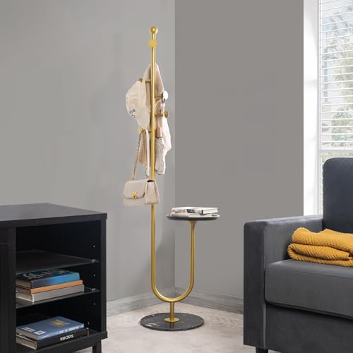 Coat Rack Freestanding with Table for Entryway (Gold) | Easy Assembly, Space Saver, Metal Pole, Marble Base, Bamboo Tray, 6 Hooks, Bedroom, Living Room, Office, Entryway Corner - color: Gold