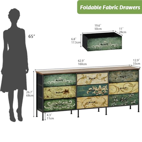 Dresser with Drawers for Bedroom Chest of Drawers Fabric Dresser for Closet,Nursery Entryway Hall Tree TV Stand for Living Room Retro Floral Pattern Drawers Wooden Top (Wide 9 Drawers) - size: 11.8"D x 62.9"W x 26.7"H (9 Drawers)