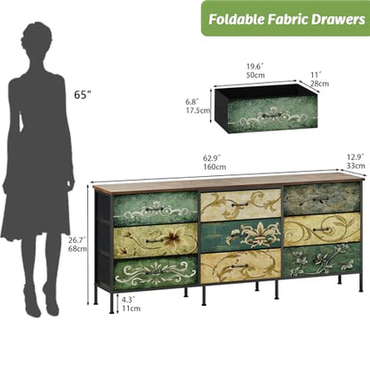 Dresser with Drawers for Bedroom Chest of Drawers Fabric Dresser for Closet,Nursery Entryway Hall Tree TV Stand for Living Room Retro Floral Pattern Drawers Wooden Top (Wide 9 Drawers) - size: 11.8"D x 62.9"W x 26.7"H (9 Drawers)