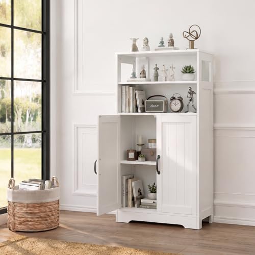 GRUSIGN 43.3" H Bathroom Storage Cabinet with Doors, Freestanding Small Bathroom Cabinet Organizer, Farmhouse Cupboard, Adjustable Shelves, for Laundry Room, Kitchen, Living Room, White - size: 43"H with Door
