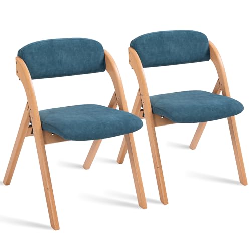 Folding Chairs with Padded Seats | Wooden Stackable Dining Chair Set of 2 with Removable Cover Extra for Guests Kitchen Office Wedding Party Picnic, Smog Blue - color: Smog Blue, size: 2PCS