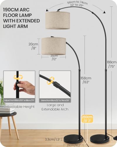 75" Arc Floor Lamp with Marble Base and Adjustable Height, Rotating Hanging Shade, Dimmable Floor Lamp for Living Room with Remote and Foot Switch, 3CCT, Over Couch Arched Reading Light E15LD05 - color: Black + Beige