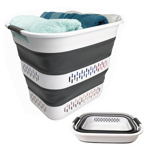 SAMMART 40L (10.5 Gallon) Collapsible Plastic Laundry Basket - Foldable Pop Up Storage Container/Organizer - Portable Laundry Hamper - Space Saving (1, White/Steel Grey) - color: White/Steel Grey